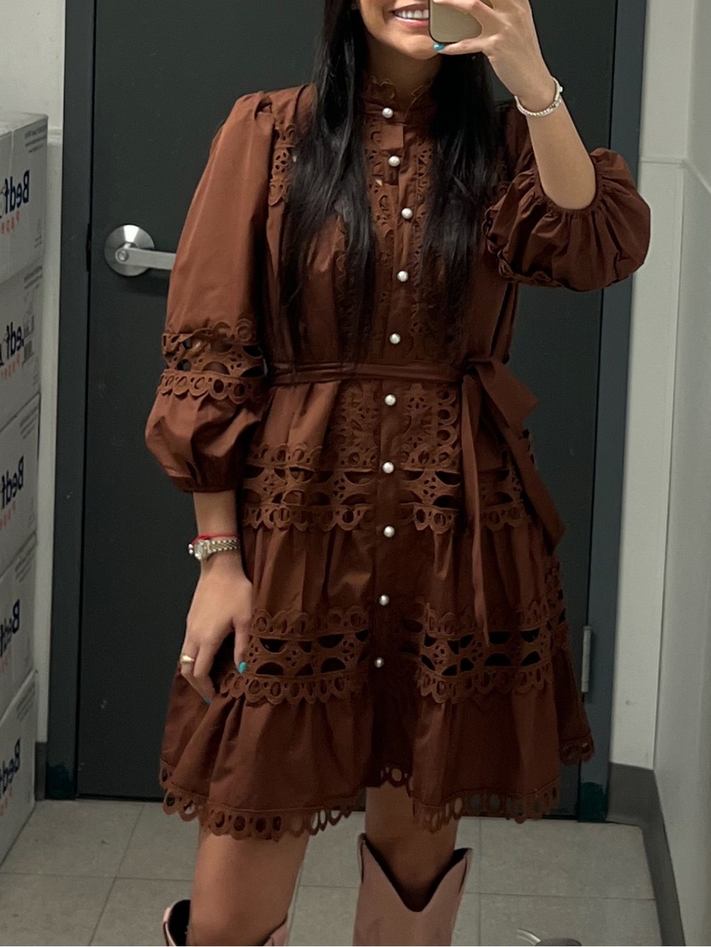Brown Lace-Trim Midi Dress with Pearl Buttons